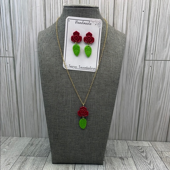 Handmade polymer clay Red Rose Jewelry Set - Picture 1 of 10